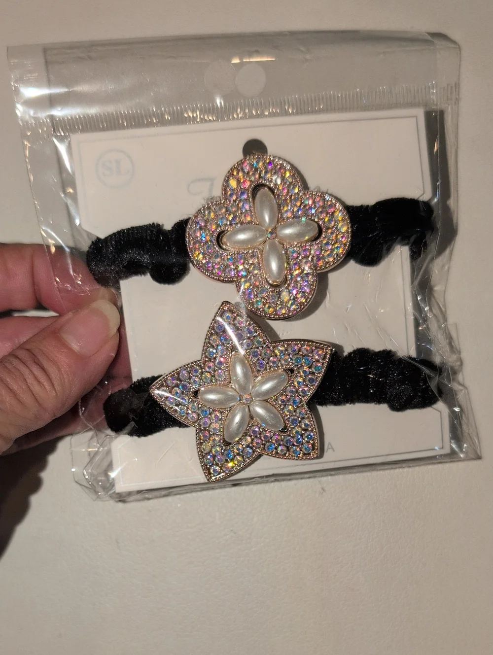 Rhinestone Flower Elastic Hair Ponytail Bands - Iridescent on Black